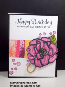 Stampin’ Up!   Birthday card made with Beautiful Day stamp set and designed by Demo Pamela Sadler. Use your Blends to make the card stand out with gorgeous colors.  See more cards at stampinkrose.com and etsycardstrulyheart