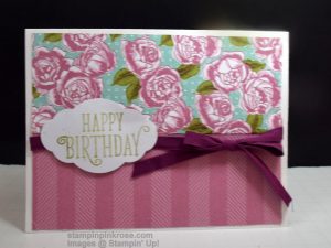 Stampin’ Up! CAS Any Occasion card made with Happy Birthday Gorgeous stamp set and designed by Demo Pamela Sadler. Use this set for any occasion you need just change your greeting. This is a great template for other greeting cards. See more cards at stampinkrose.com #stampinkpinkrose #etsycardstrulyheart