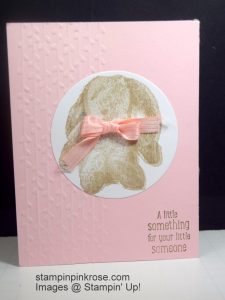 Stampin’ Up! CAS Baby card made with Sweet Little Something stamp set and designed by Demo Pamela Sadler. This bunny card is perfect for baby. I know you will want to snuggle with this cute bunny. See more cards at stampinkrose.com #stampinkpinkrose #etsycardstrulyheart