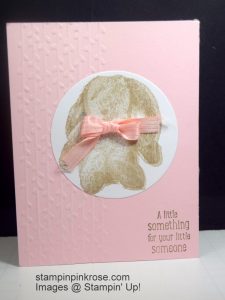 Stampin’ Up! CAS Baby card made with Sweet Little Something stamp set and designed by Demo Pamela Sadler. This bunny card is perfect for baby. I know you will want to snuggle with this cute bunny. See more cards at stampinkrose.com #stampinkpinkrose #etsycardstrulyheart