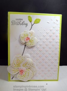 Stampin’ Up! Birthday card made with Climbing Orchid stamp set and designed by Demo Pamela Sadler. Let these Orchids send you some place warm. See more cards at stampinkrose.com and etsycardstrulyheart