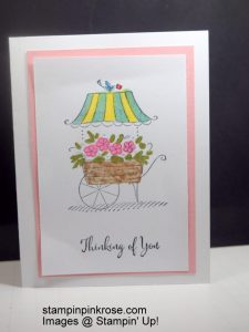 Stampin’ Up! Thinking of You card made with Friendship Sweetest Moments stamp set and designed by Demo Pamela Sadler. Make this flower cart for any occasion. See more cards at stampinkrose.com and etsycardstrulyheart