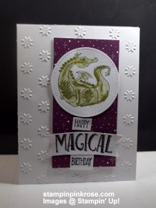 Stampin’ Up! Birthday card made with Magical Day stamp set and designed by Demo Pamela Sadler. Let the receiver venture into a magical world. See more cards at stampinkrose.com and etsycardstrulyheart