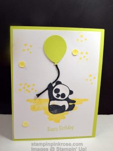 Stampin’ Up! CAS Birthday card made with Party Pandas stamp set and designed by Demo Pamela Sadler. This is so easy that I call it the 1,2,3 card. You simply stamp and cut out the image. See more cards at stampinkrose.com and etsycardstrulyheart