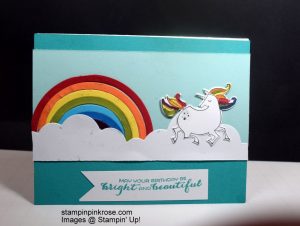 Stampin’ Up! Birthday card made with Magical Day and Rainbows and Sunshine stamp set and designed by Demo Pamela Sadler. Be transported to a magical world with a unicorn. See more cards at stampinkrose.com and etsycardstrulyheart