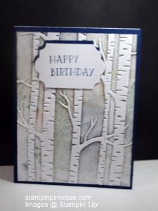 Stampin’ Up! CAS Birthday card made with Woodlands Embossing Folder and Lovely as a Tree stamp set and designed by Demo Pamela Sadler. This create a great background for your card regardless of the occasion. See more cards at stampinkrose.com and etsycardstrulyheart
