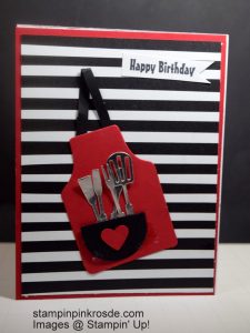 Stampin’ Up! Birthday card made with Apron of Love stamp set and designed by Demo Pamela Sadler. Do you know a chef? This one is perfect for the chef or cook. You can make so many critters with this stamp set. See more cards at stampinkrose.com and etsycardstrulyheart