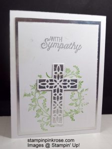Stampin’ Up! CAS Sympathy card with Hold on to Hope stamp set and designed by Demo Pamela Sadler. Use the beautiful cross to express your feelings. See more cards at stampinkrose.com #stampinkpinkrose #etsycardstrulyheart