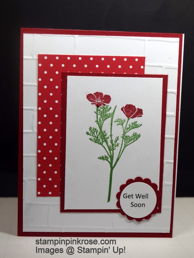Stampin’ Up! Get Well card using Wild about Flowers stamp set and designed by Demo Pamela Sadler.   Send some cheery flowers to someone not feeling well.  See more cards at stampinkrose.com and cardstrulyheartetsy